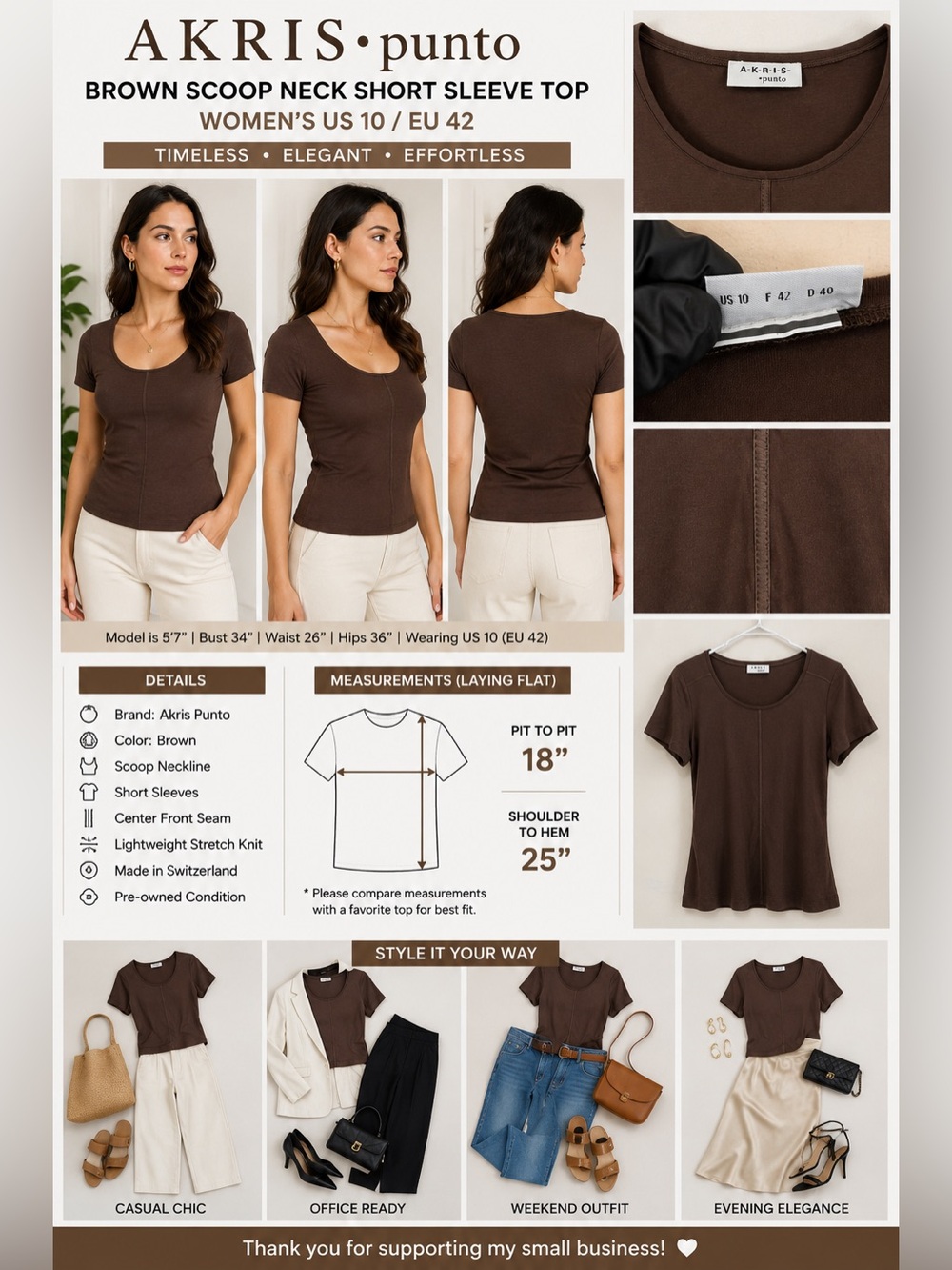 Akris Punto Brown Scoop Neck Short Sleeve Stretch Knit Top Women's US 10 EU 42